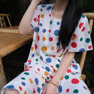 波点棉绸睡衣女夏季 高级感防凸点套装 宽松凉快人造棉家居服夏大码