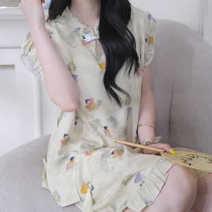 高级感可外穿带胸垫棉绸睡衣女夏季 新款 新中式 国风家居服复古套装