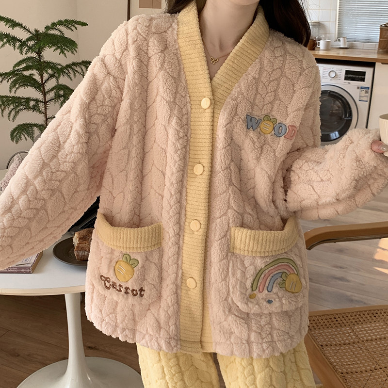 卡通珊瑚绒睡衣女冬季加绒加厚开衫家居服套装2025新款法兰绒休闲