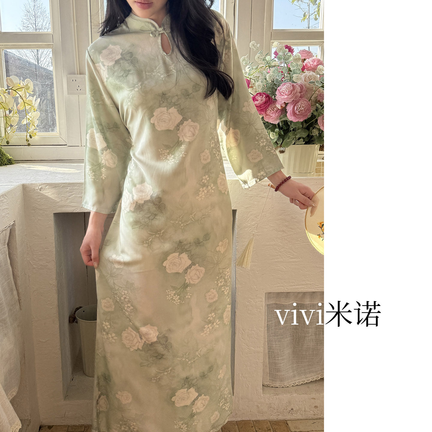 浅绿色绵绸睡裙女春夏季花色七分袖修身气质连衣裙日常新中式长裙