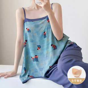 带胸垫吊带睡衣女夏棉绸小唐人可外穿家居服新中式国风防凸点套装