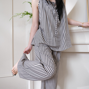 条纹吊带睡衣女夏季 棉绸睡衣薄款 高级感可外穿家居服御姐显瘦套装