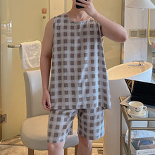 2025新款睡衣男士夏季棉绸格子家居服套装中老年爸爸款休闲两件套