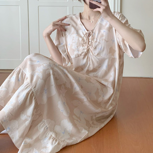 带胸垫棉绸睡裙女夏短袖系带碎花中长款薄款可外穿大码春夏绵绸裙