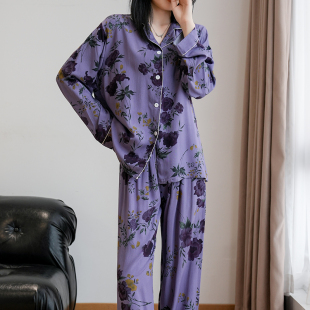 家居服套装 睡衣秋季 长裤 开衫 胖mm可外穿睡衣黛紫高级感女 棉绸长袖
