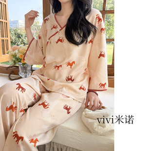 古风棉绸睡衣女春夏季长袖长裤家居服可外穿新中式国风套装薄大妈