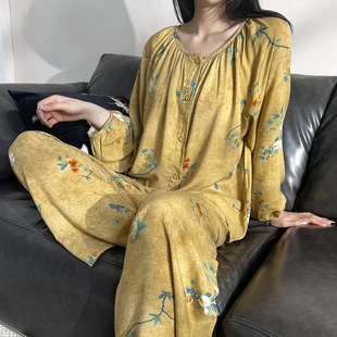 棉绸睡衣女春秋季新中式高级感长袖长裤棉绸家居服可外穿绵绸套装