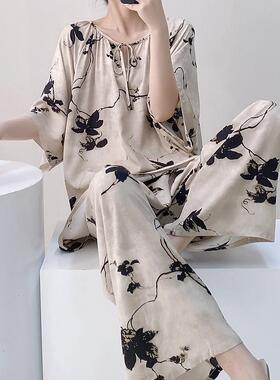 睡衣女春秋季绵绸清冷感新国风家居服可外穿简约慵懒风棉绸套装夏