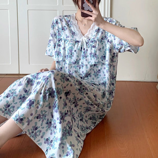 甜美风棉绸睡裙女夏季薄款短袖碎花蕾丝可外穿防凸点家居服绵绸裙