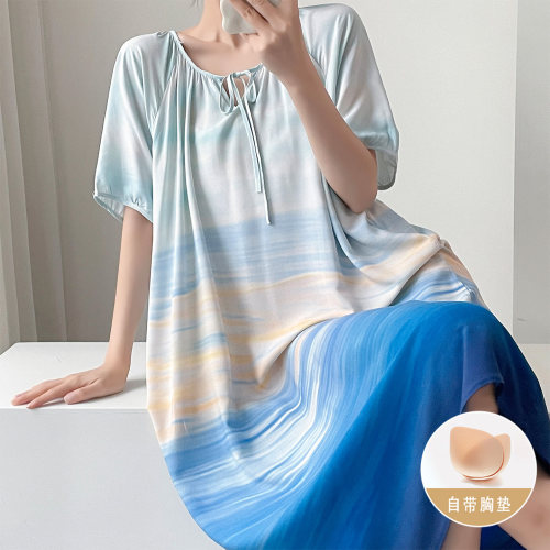 棉绸夏季短袖防凸点带胸垫睡裙