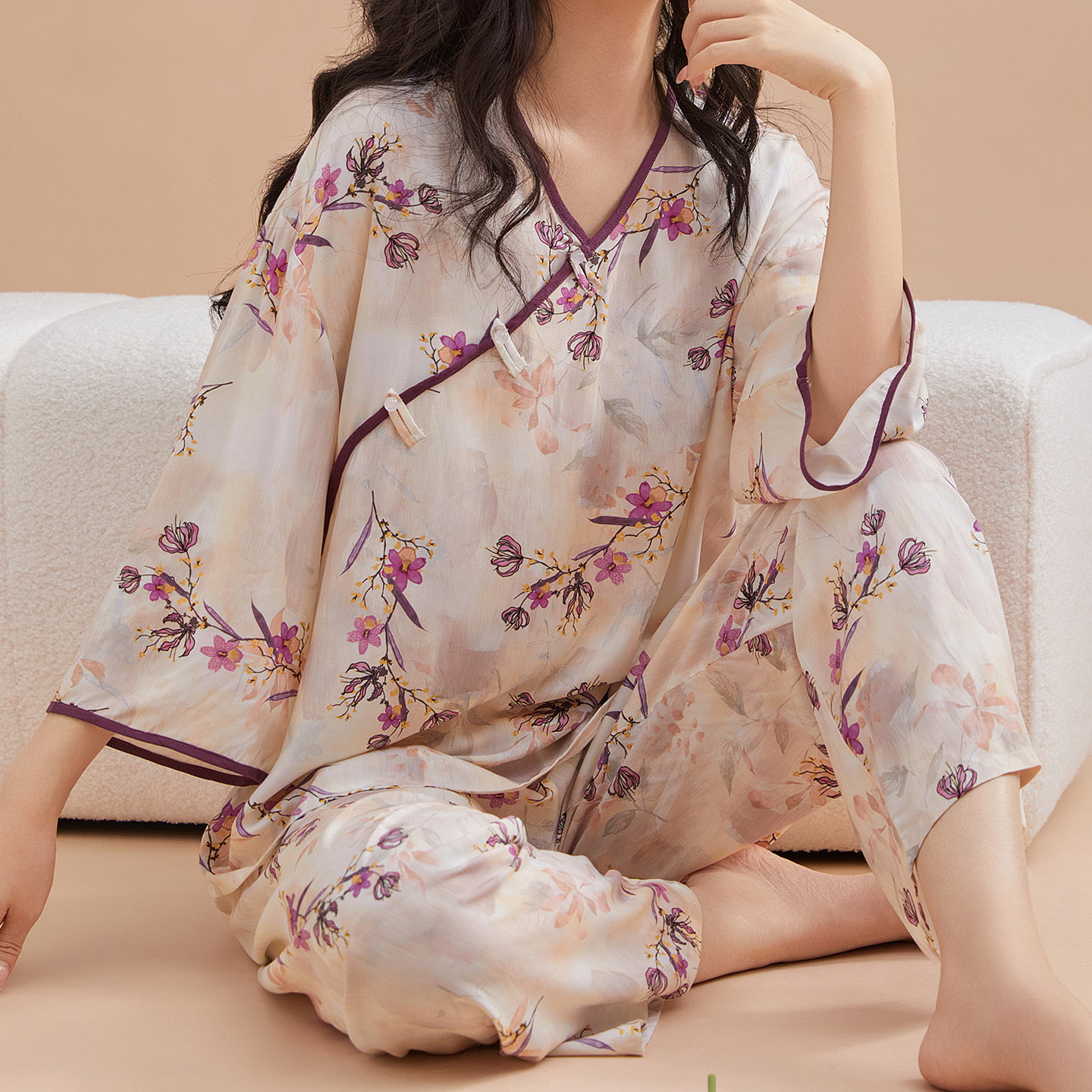 新中式睡衣女夏季新款棉绸盘扣