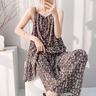 绵绸吊带睡衣女春夏季薄款碎花民族风可外穿家居服气质小姐姐套装