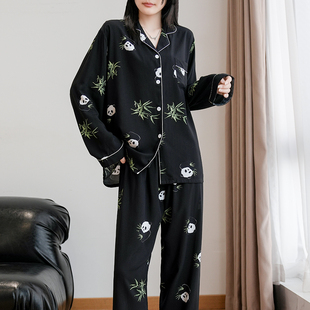 長袖 黑家居服女棉綢 國風可愛熊貓棉綢印花高級感韓版 人造棉新中式