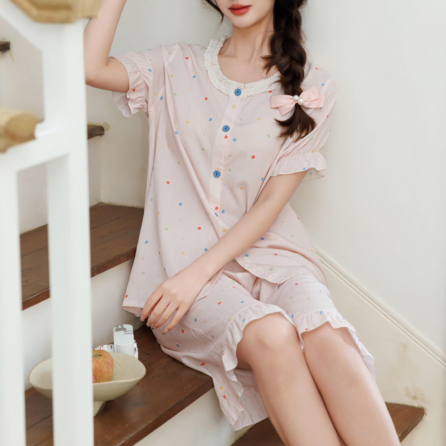 韩版甜美棉绸睡衣女夏季薄款短袖开衫波点可外穿家居服高级感套装