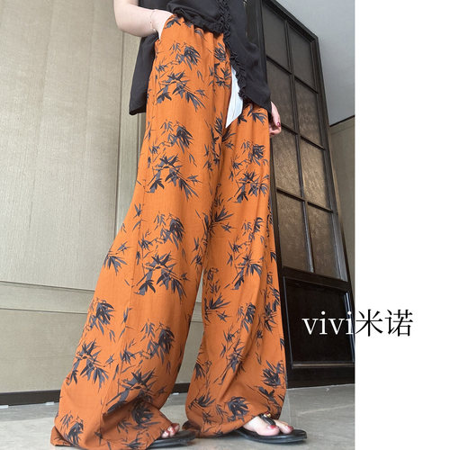 日系棉绸花卉阔腿睡裤女夏季橙色