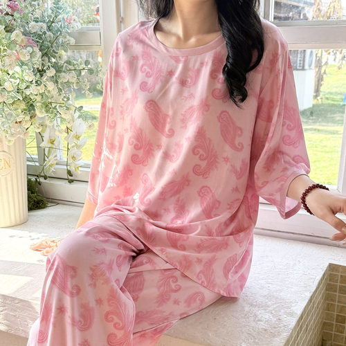 春夏粉色棉绸可外穿睡衣套装女