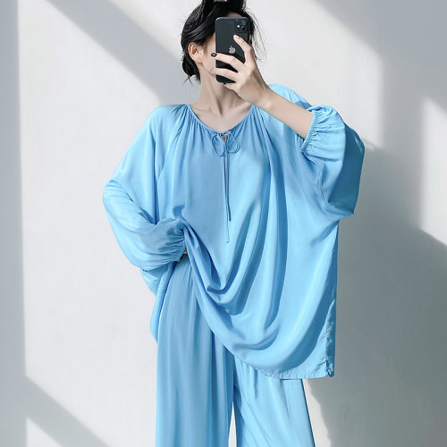25新款棉绸睡衣套装女宽松休闲大码简约纯色家居服人造棉可外穿睡