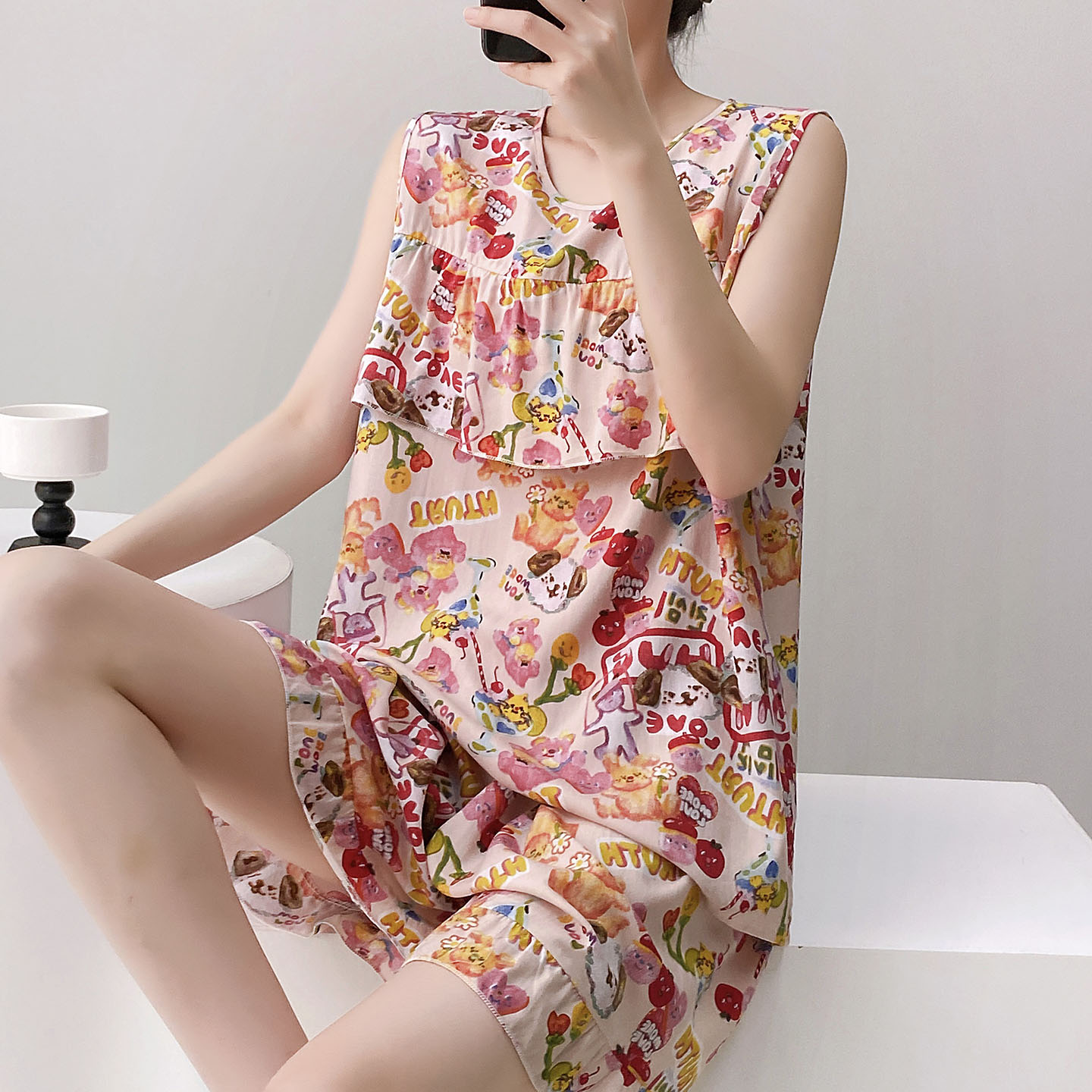 多巴胺卡通棉绸睡衣女夏季圆领