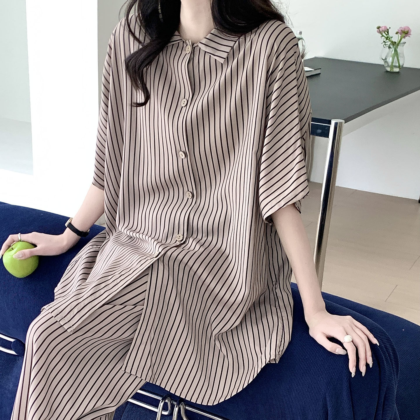 条纹衬衫领睡衣女夏季短袖BF慵懒风人造棉宽松家居服可外穿两件套