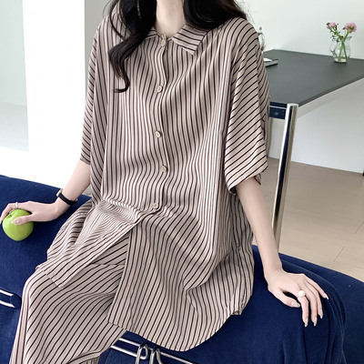夏季条纹衬衫领人棉可外穿睡衣