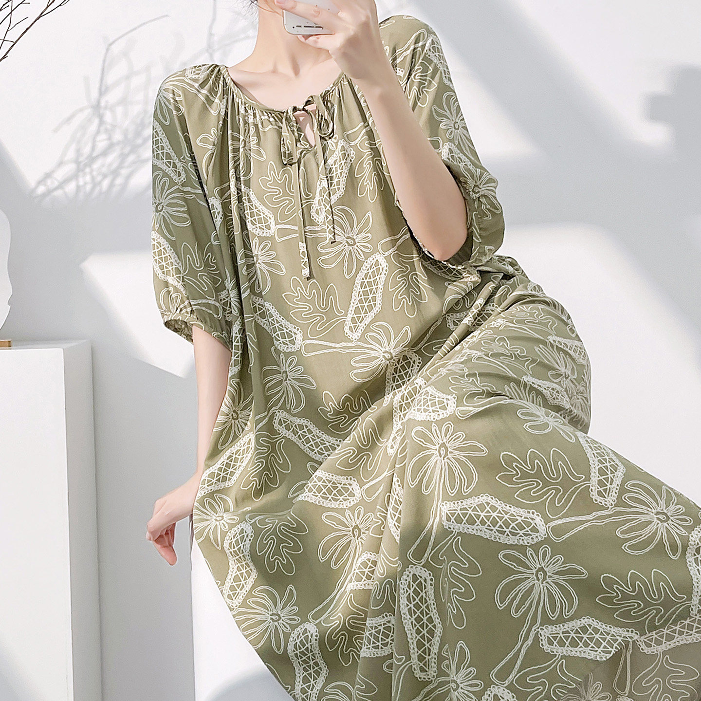 复古风植物花卉棉绸睡裙女夏季圆领短袖宽松可外穿家居服度假长裙