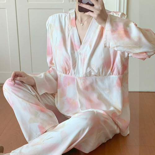 带胸垫棉绸和服领可外穿睡衣套装