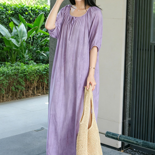 防凸点带胸垫大码棉绸睡裙紫色连衣裙女夏季慵懒风长裙胖mm显瘦