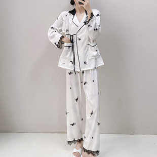 简约高级感冰丝长袖长裤睡衣女2025新款春秋季休闲家居服套装外穿