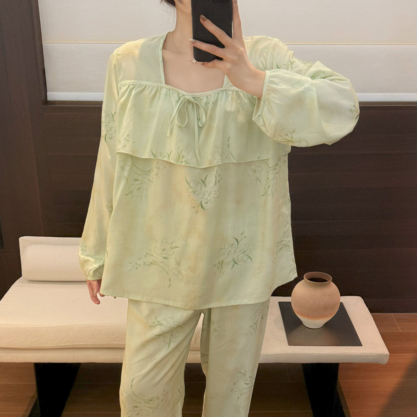 春夏天新款棉绸睡衣女长袖方领免穿内衣家居服薄款绵绸套装防凸点