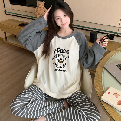 卡通可爱德绒睡衣女秋长袖保暖家居服套装25新款圆领拼色加厚韩系