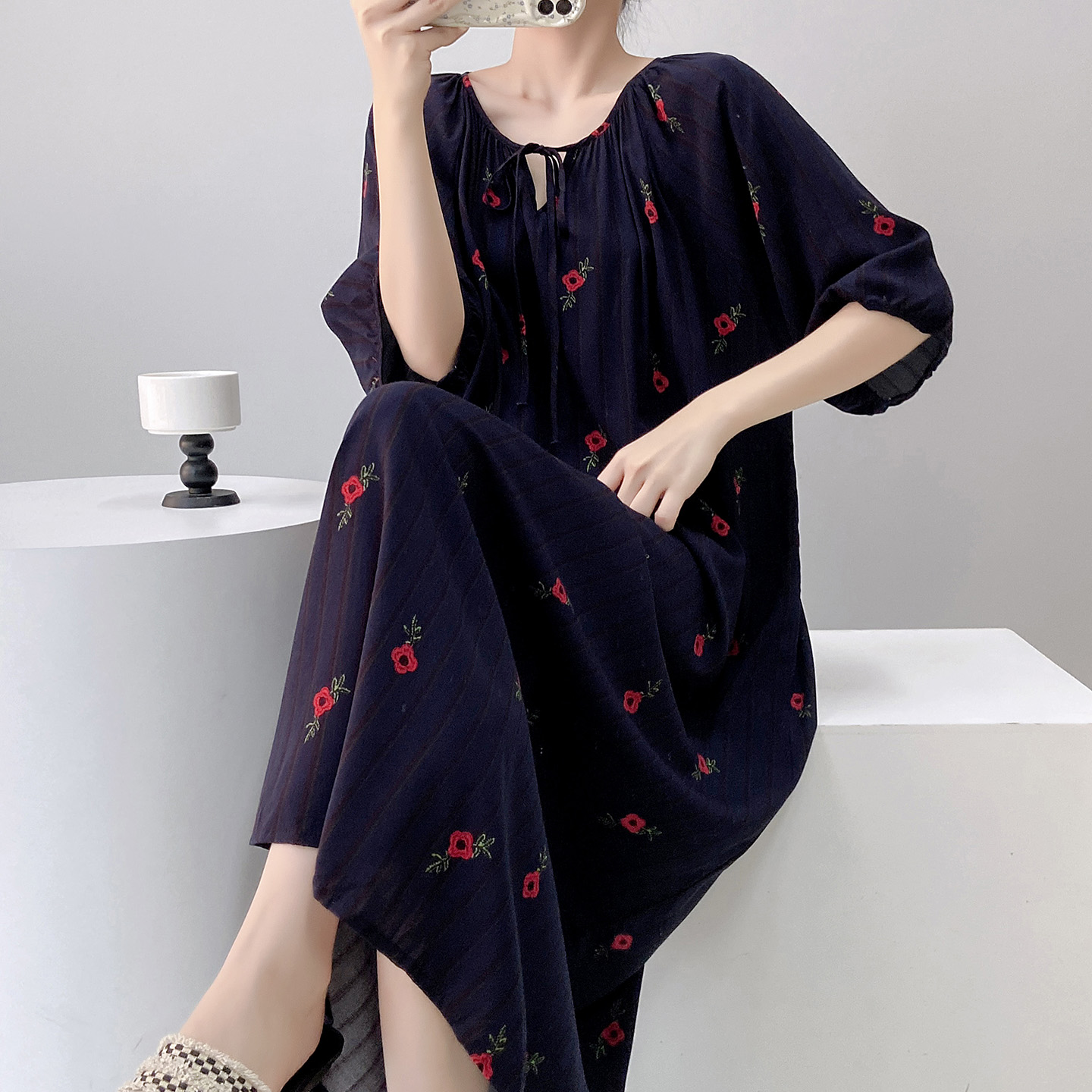 2025新款棉绸睡裙女夏短袖中裙甜美春夏家居服睡裙可外穿家居裙子