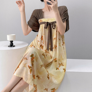 新中式国风绵绸睡裙女夏季改良襦裙汉服新款棉绸睡衣可外穿绵绸裙