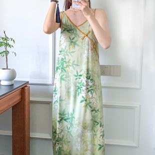 清冷感睡裙女夏高级感年轻款竹枝词长款人造棉绿色气质棉绸裙睡衣