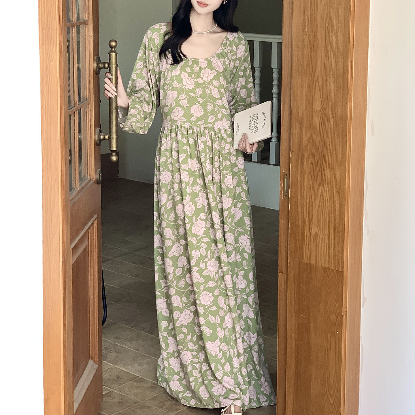 浪漫法式绿色碎花睡裙女夏季薄款棉绸可外穿度假长裙小清新绵绸裙