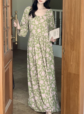 浪漫法式绿色碎花睡裙女夏季薄款棉绸可外穿度假长裙小清新绵绸裙