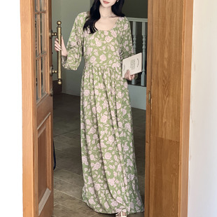 棉绸可外穿度假长裙小清新绵绸裙 薄款 浪漫法式 绿色碎花睡裙女夏季