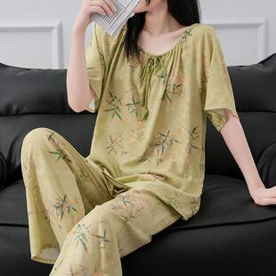 新中式 短袖 长裤 国风改良汉服家居服套装 棉绸睡衣女款 2025新款 夏季