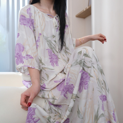 棉绸带内衬睡裙女夏新中式国风短袖睡衣防凸点人造棉连衣裙可外穿