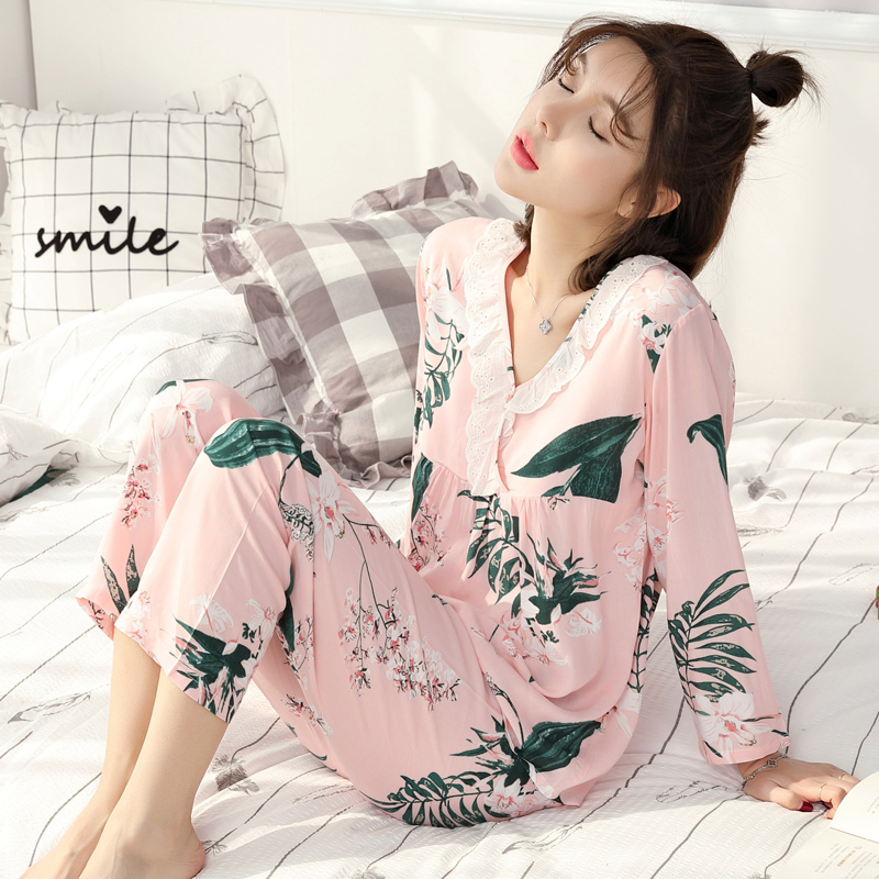韩版睡衣女春夏季梭织绵绸套装长袖纯棉绸布薄款人造棉家居服大码