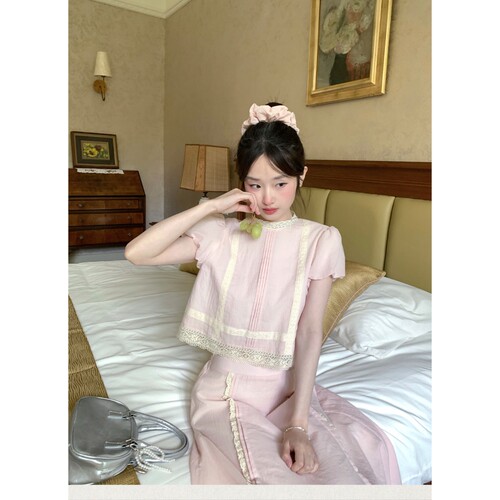 MUCHA木茶 拾梦匣 甜美风蕾丝两件套短袖上衣少女感半身裙套装