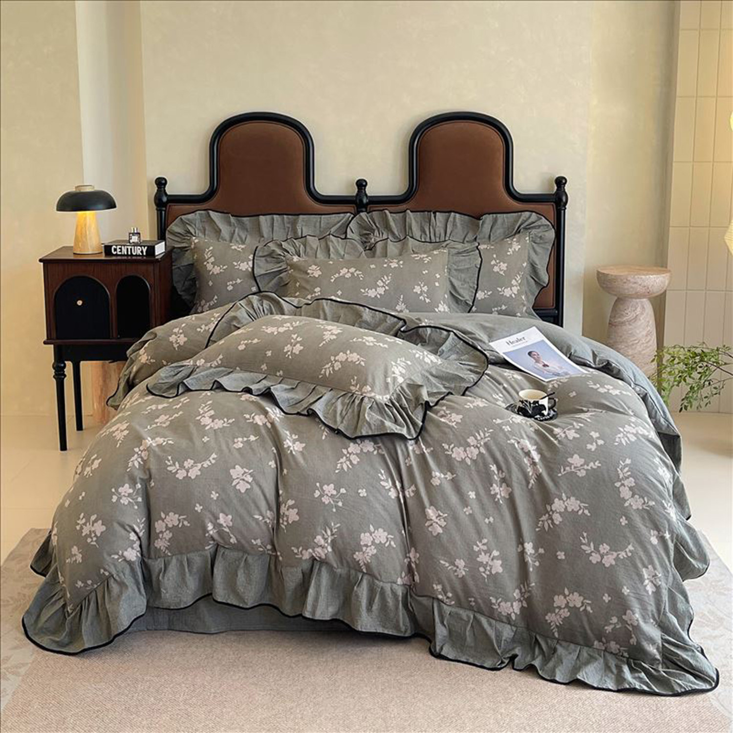 浪漫木耳边碎花四件套聚酯纤维复古风法式荷叶花边被套床单仿麻感,床上用品,床品套件/四件套/多件套,淘宝优惠券,粉丝福利购,淘宝优惠卷