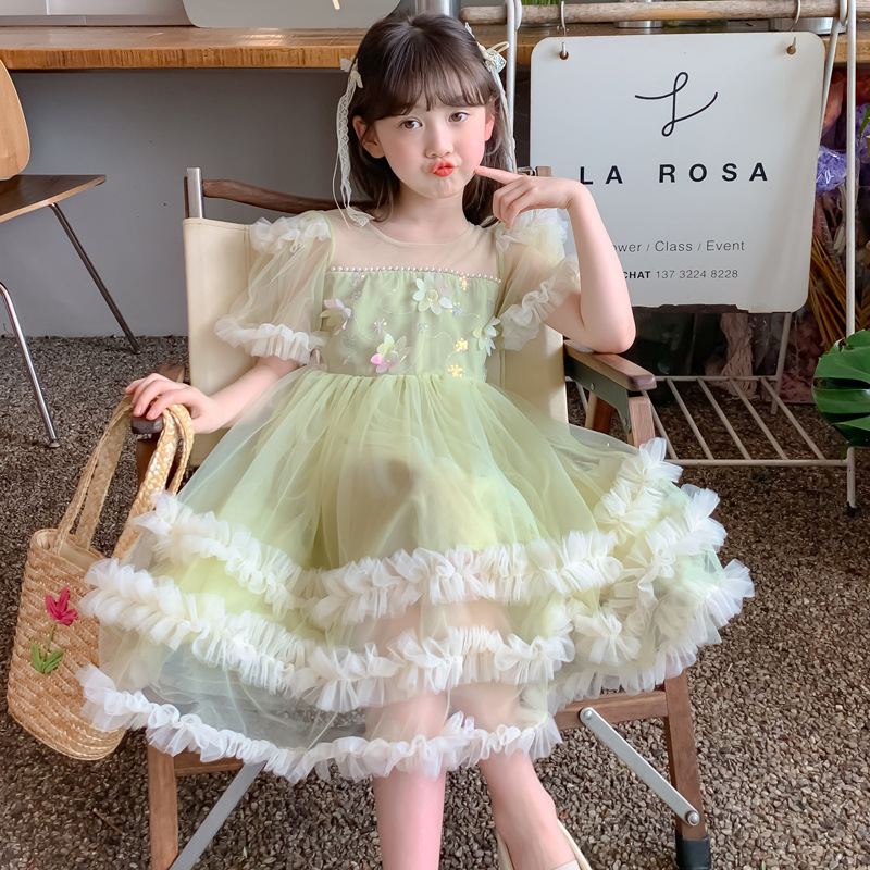 女童夏季连衣裙蛋糕公主裙洋气立体花朵蝴蝶结蓬蓬纱周岁晚礼服