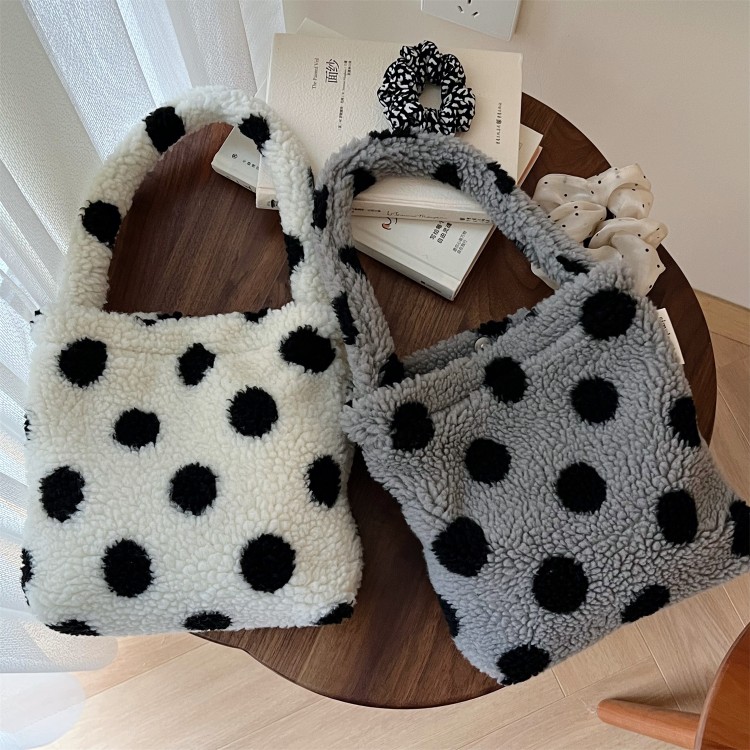 韩版ins波点羊羔毛腋下包 森女小清新迷你加厚软毛绒手提斜挎包袋