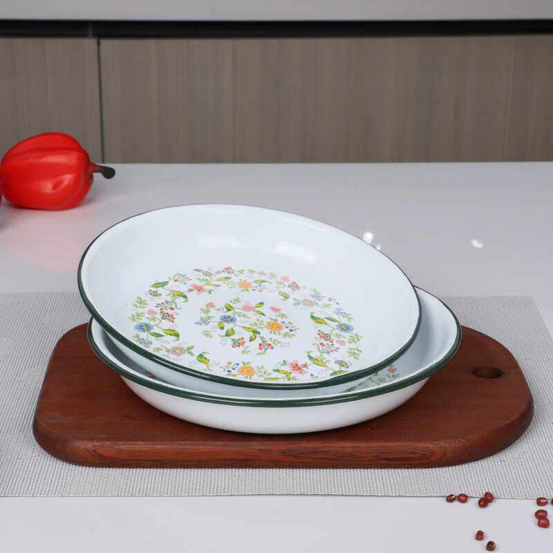 加厚加深搪瓷盘圆形深菜盘平盘水果盘复古怀旧菜碟汤盘大铁盘子