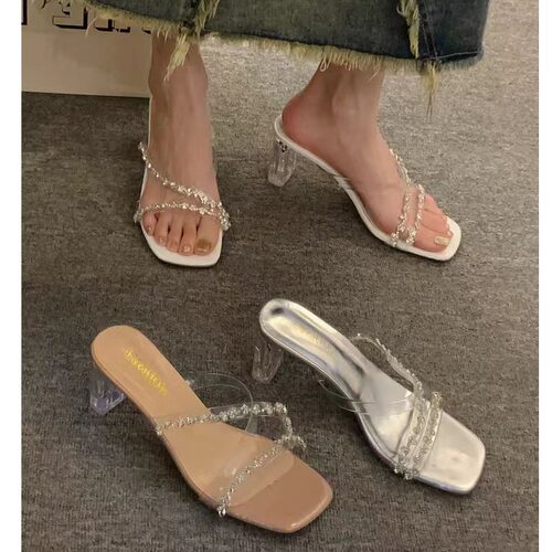 银色水钻水晶高跟一字拖鞋女夏季外穿2026新款仙女风罗马粗跟凉鞋