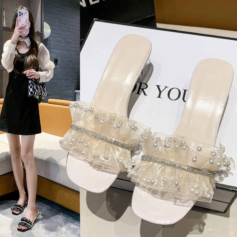 网红配裙子穿的高跟拖鞋女2023新款夏季时尚网纱仙女风中跟凉拖鞋