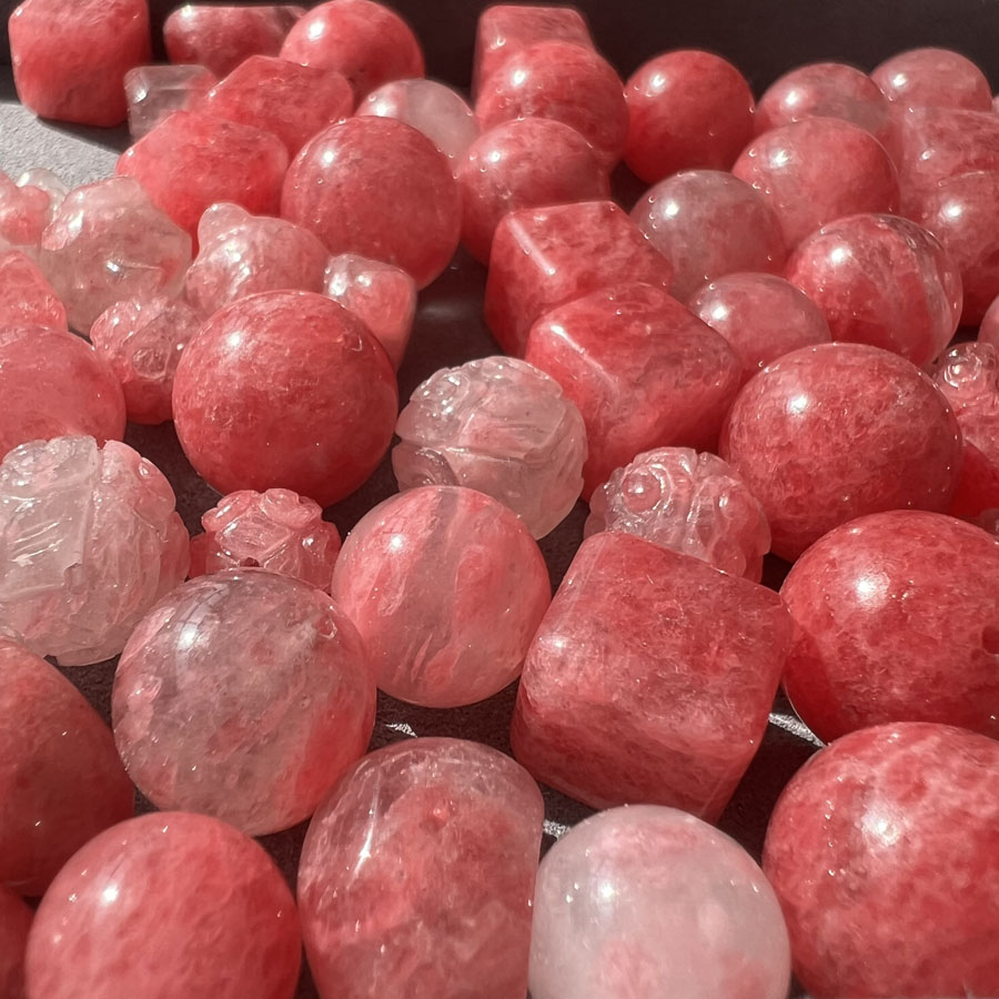 一物一图天然红蔷薇石单珠散珠12/14手链DIY水晶樱花雨冰种方糖