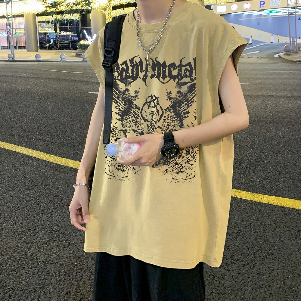 2023夏装新款美式暗黑水洗做旧潮牌无袖t恤背心BX661-P35,男装T恤,电商A486