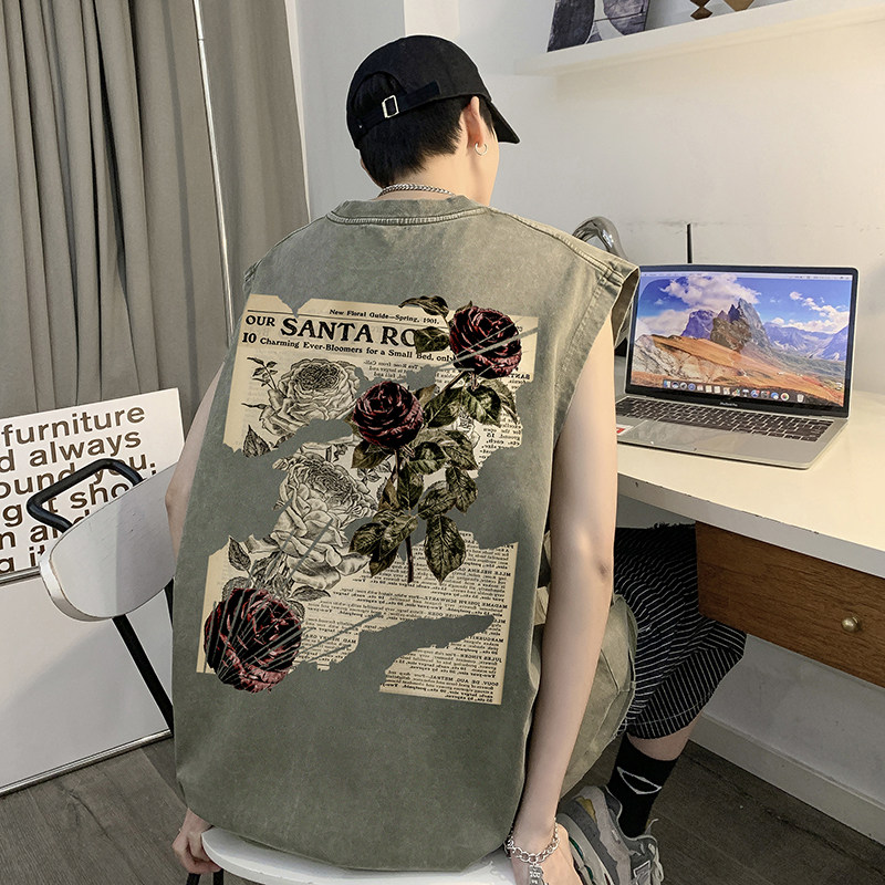 抖音品质240克重磅欧美式潮牌印花水洗背心无袖t恤BX113-P35,男装T恤,电商A486