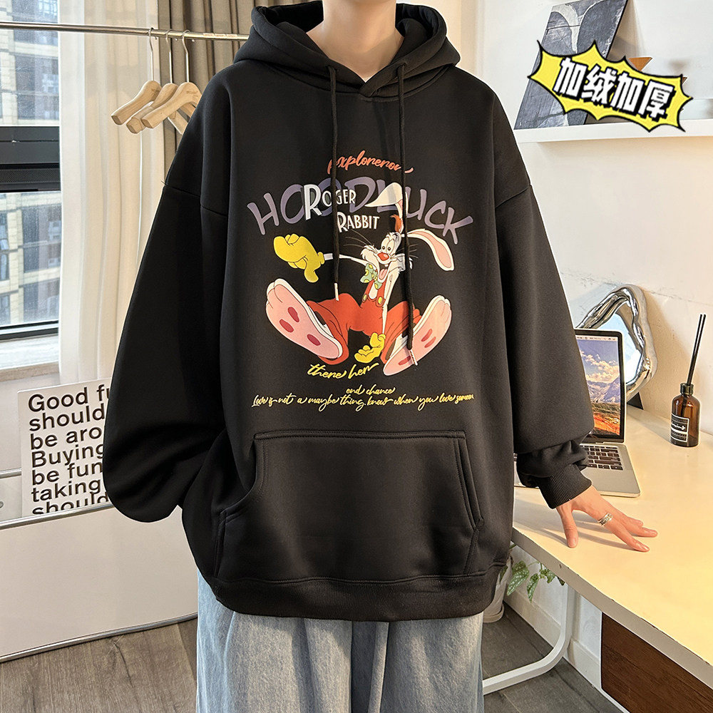 兔年系列冬装加绒加厚潮牌卡通宽松连帽印花卫衣外套W667-P50,男装卫衣,电商A486